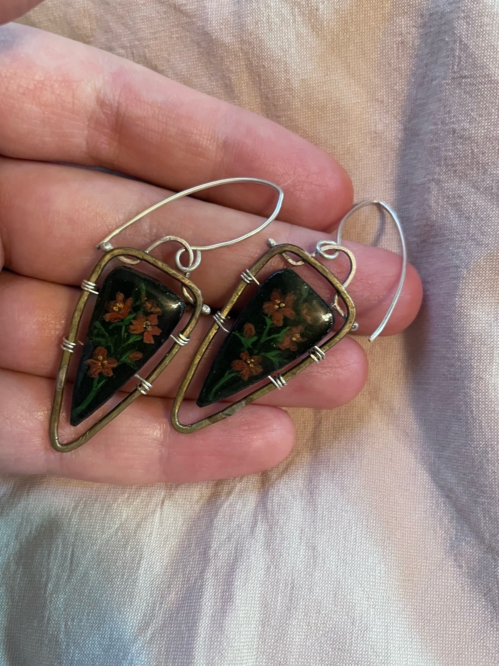 Hand-Painted Floral Drop Earrings in Black and Red